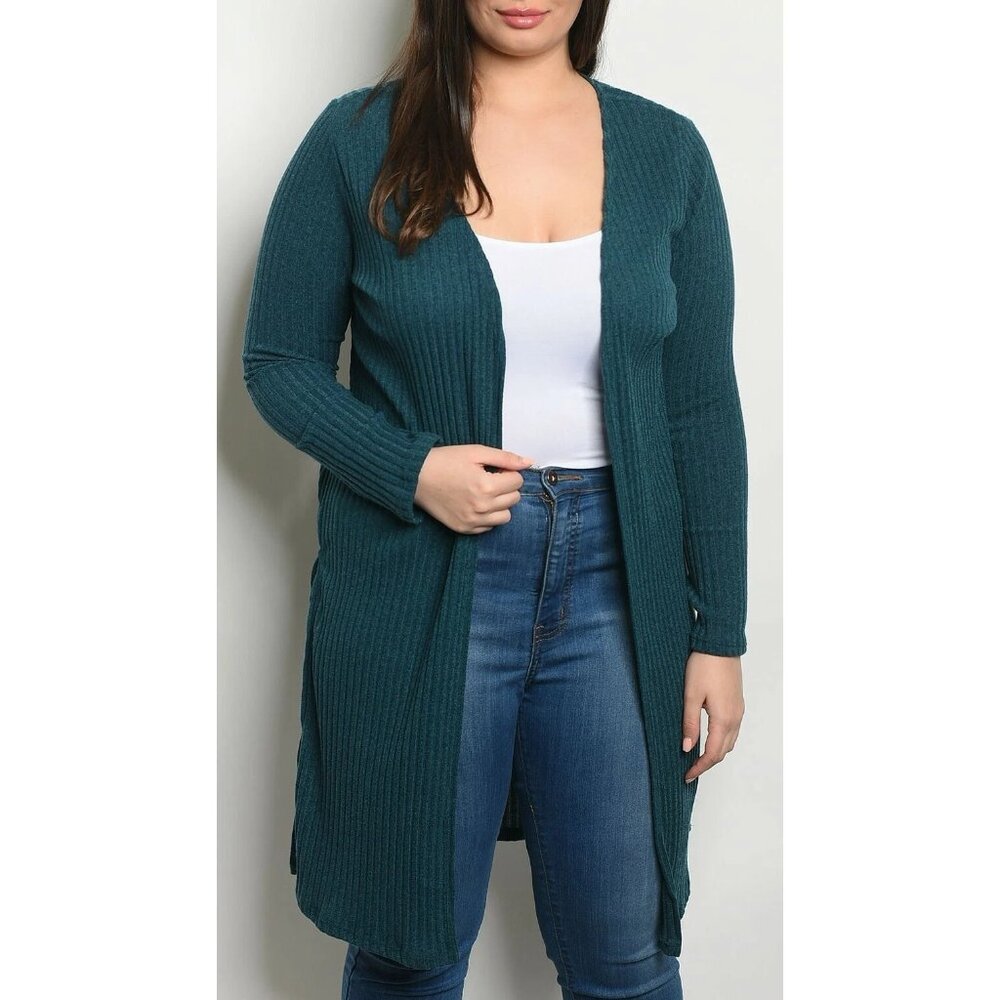 Zenobia‎ Womens 2XL Cardigan Teal Blue Soft Ribbed Knit Side Slits Open Front